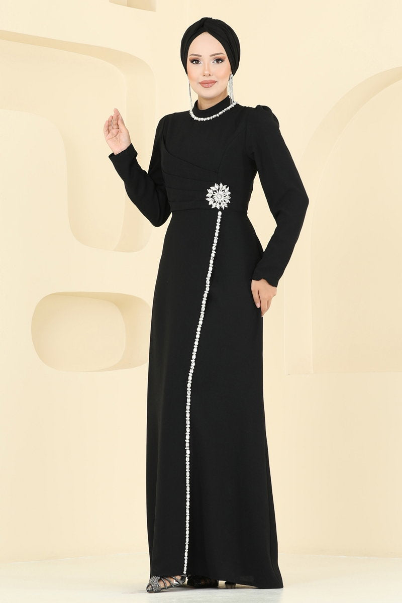 Stone-Detail Crepe Evening Dress - Black