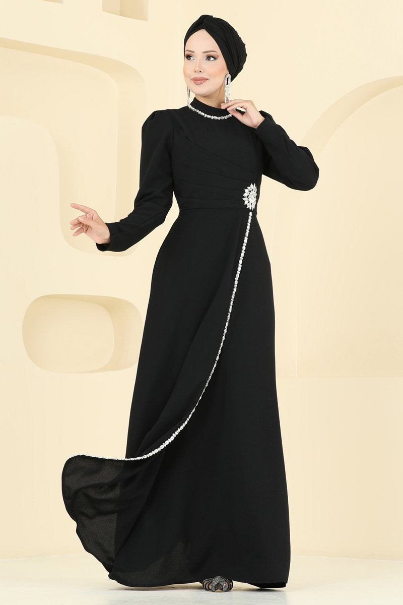 Stone-Detail Crepe Evening Dress - Black