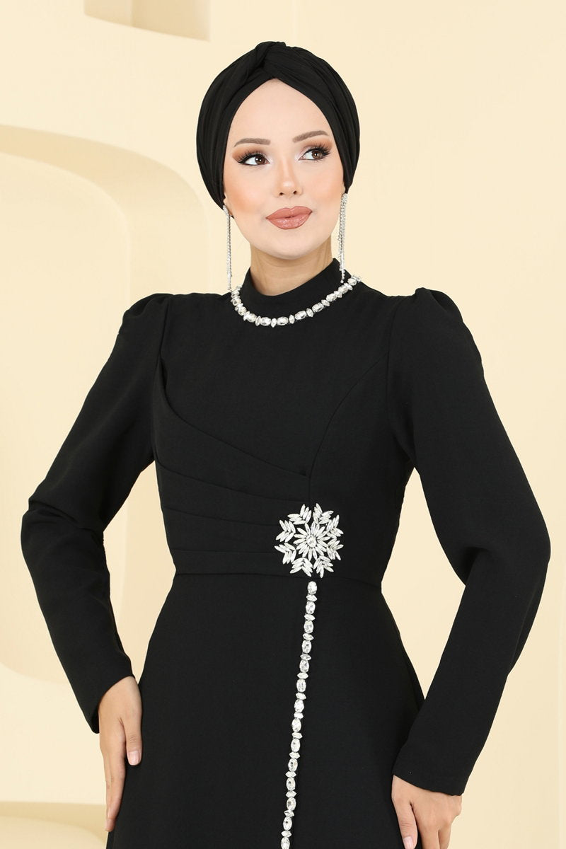 Stone-Detail Crepe Evening Dress - Black
