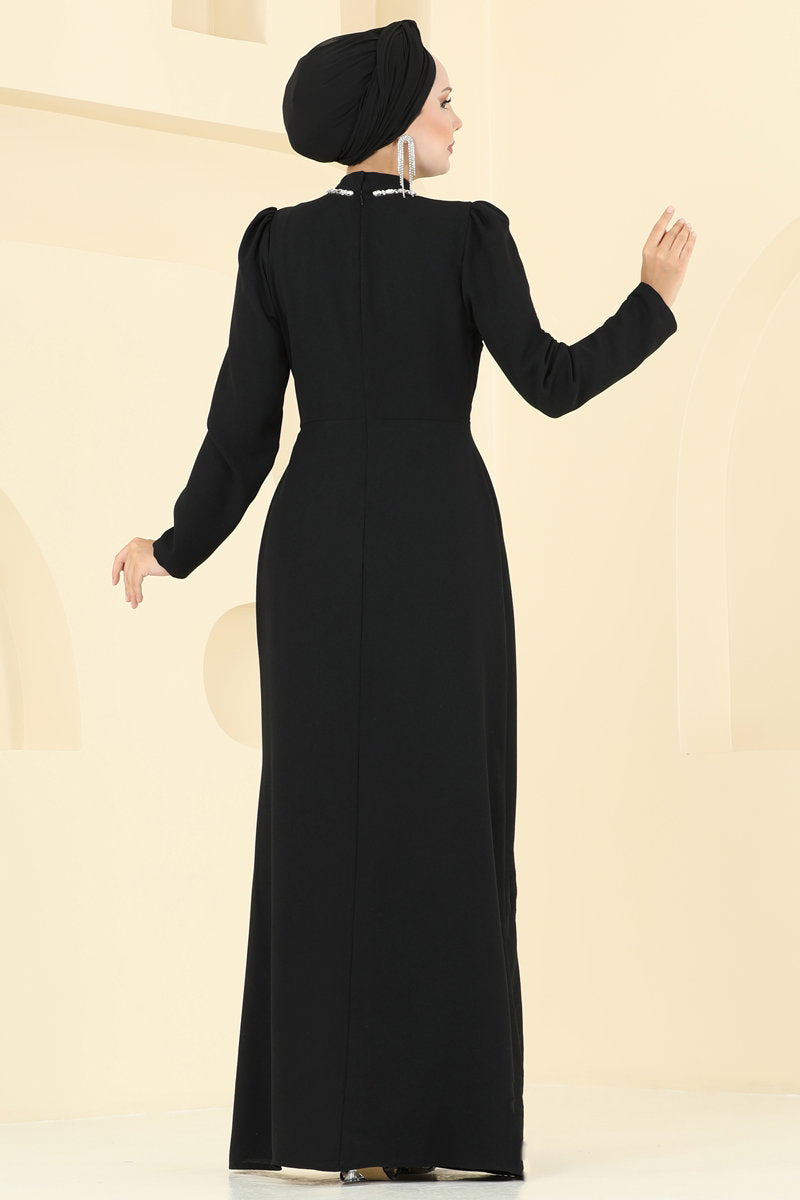 Stone-Detail Crepe Evening Dress - Black