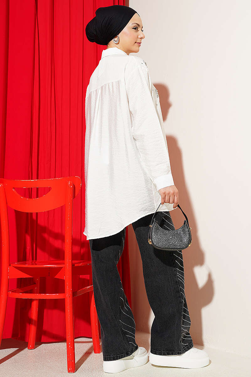 Shirt with Stone Detail and Button Cuffs - Ecru