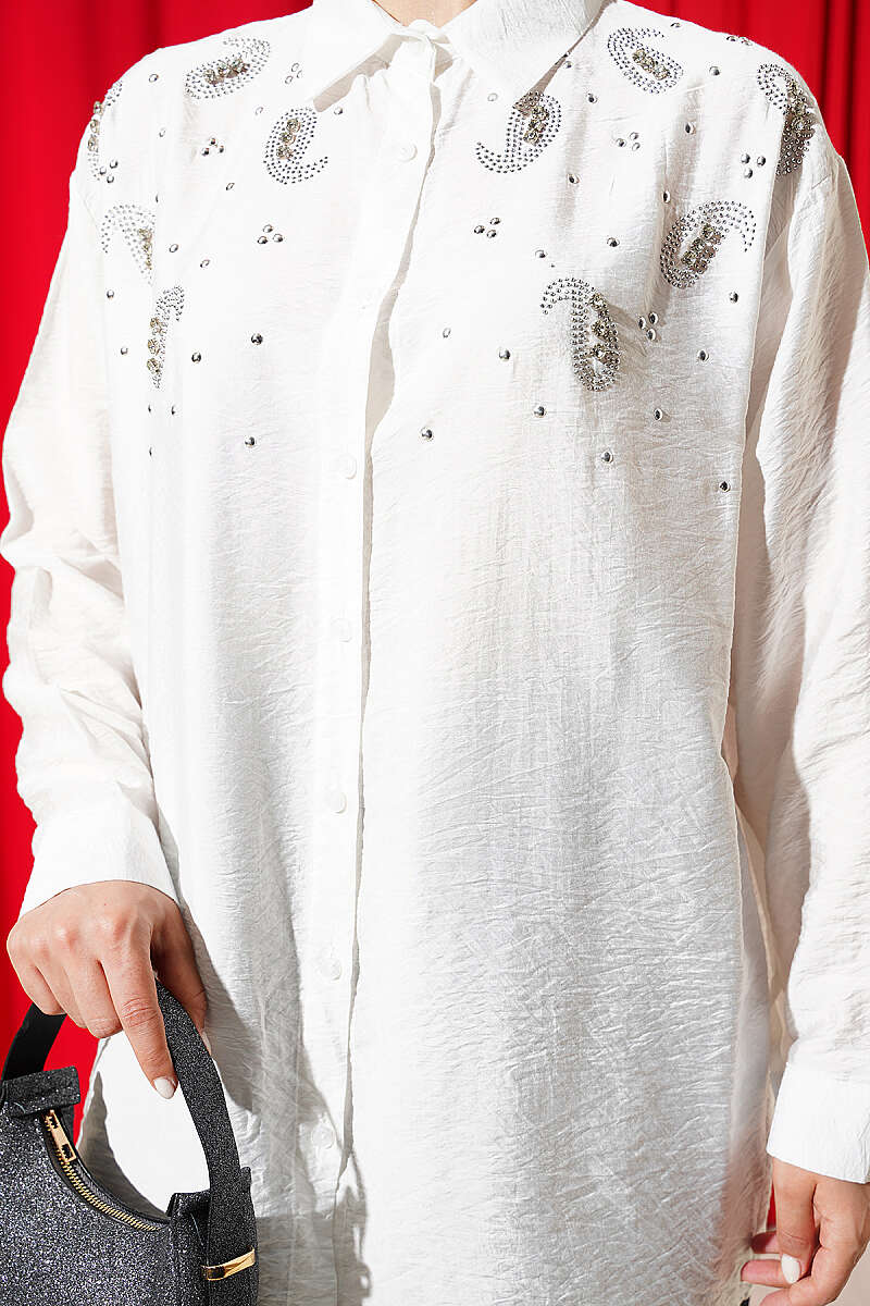 Shirt with Stone Detail and Button Cuffs - Ecru