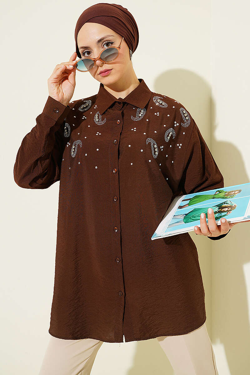 Shirt with Stone Detail and Button Cuffs - Brown
