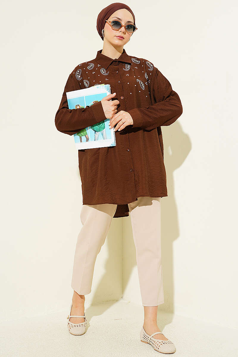 Shirt with Stone Detail and Button Cuffs - Brown