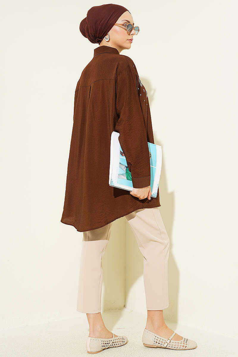 Shirt with Stone Detail and Button Cuffs - Brown
