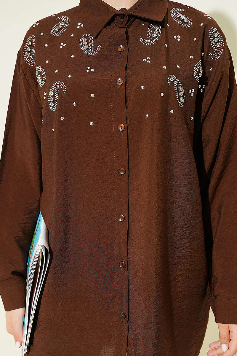 Shirt with Stone Detail and Button Cuffs - Brown