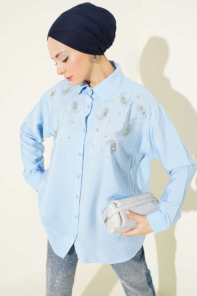 Shirt with Stone Detail and Button Cuffs - Blue