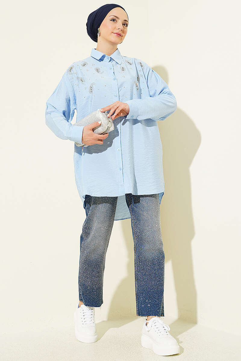 Shirt with Stone Detail and Button Cuffs - Blue