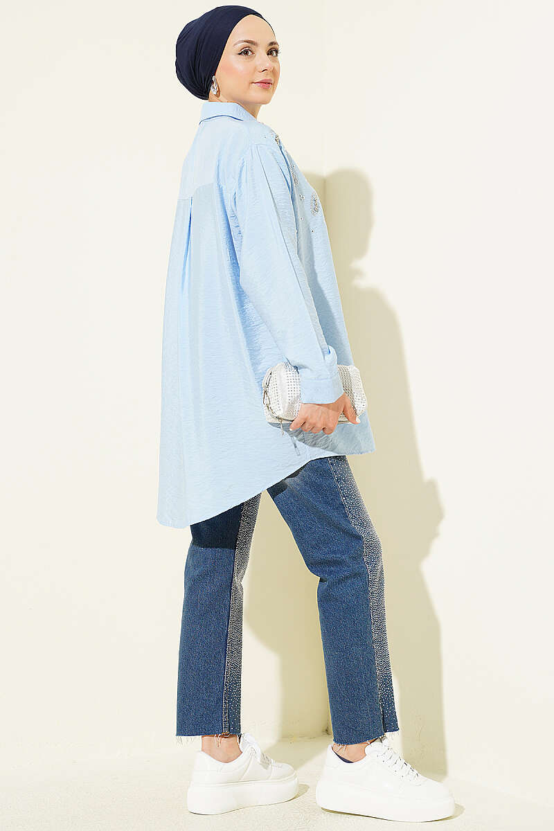 Shirt with Stone Detail and Button Cuffs - Blue