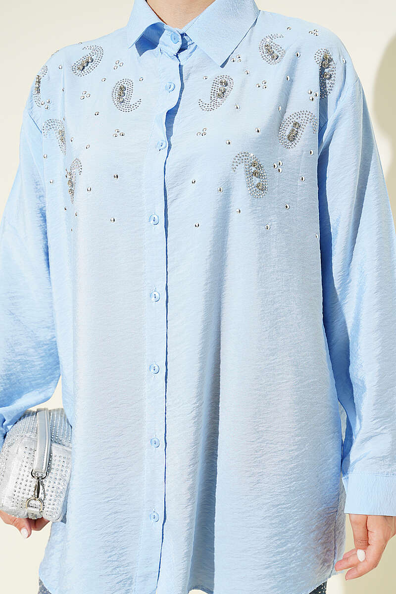 Shirt with Stone Detail and Button Cuffs - Blue