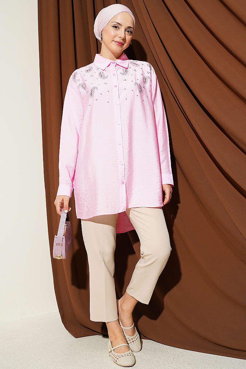 Shirt with Stone Detail and Button Cuffs - Pink