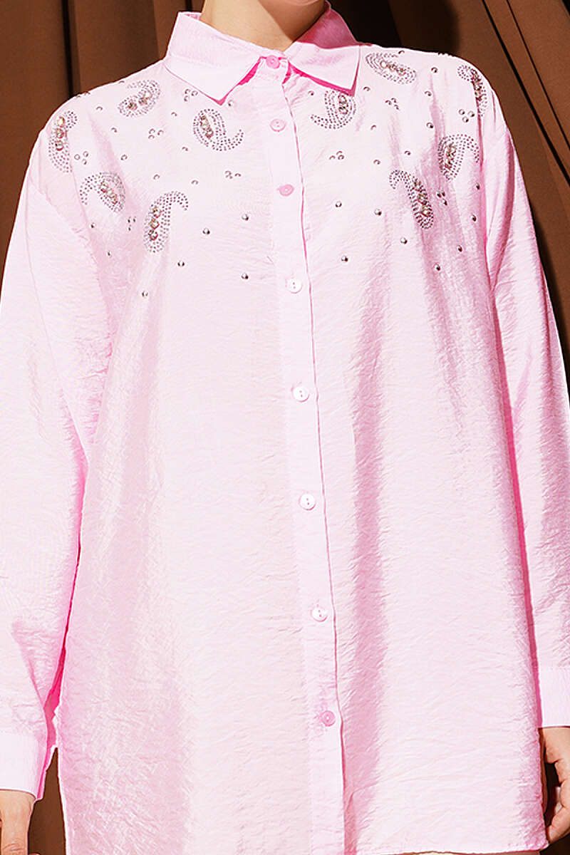 Shirt with Stone Detail and Button Cuffs - Pink