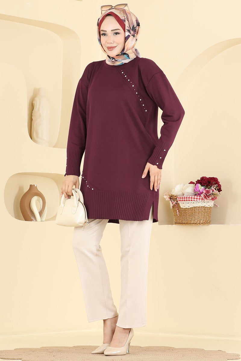 Elegant Mercerised Tunic with Stones - Burgundy