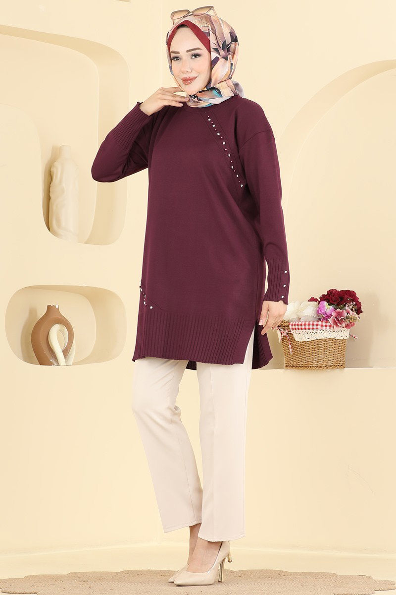 Elegant Mercerised Tunic with Stones - Burgundy