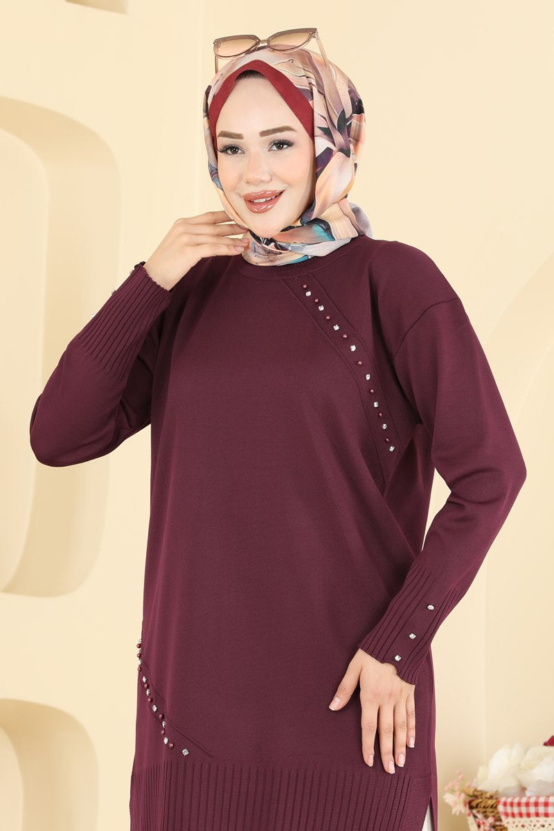 Elegant Mercerised Tunic with Stones - Burgundy