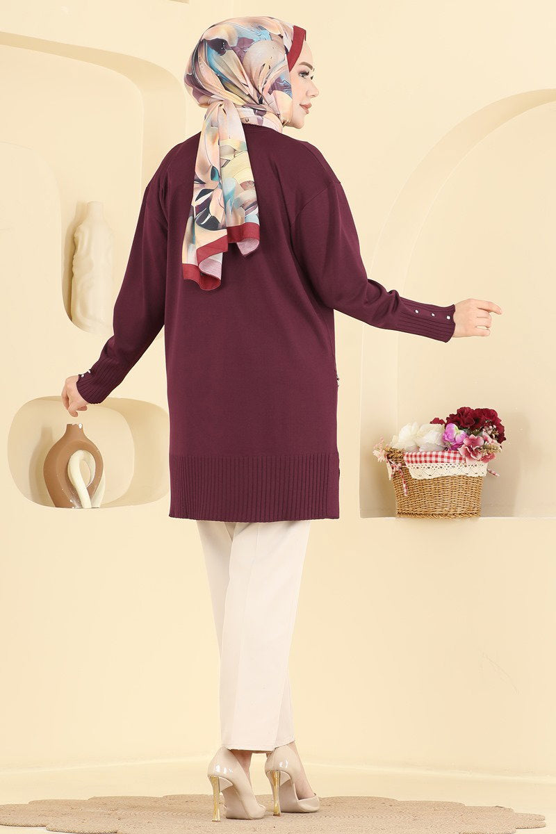 Elegant Mercerised Tunic with Stones - Burgundy