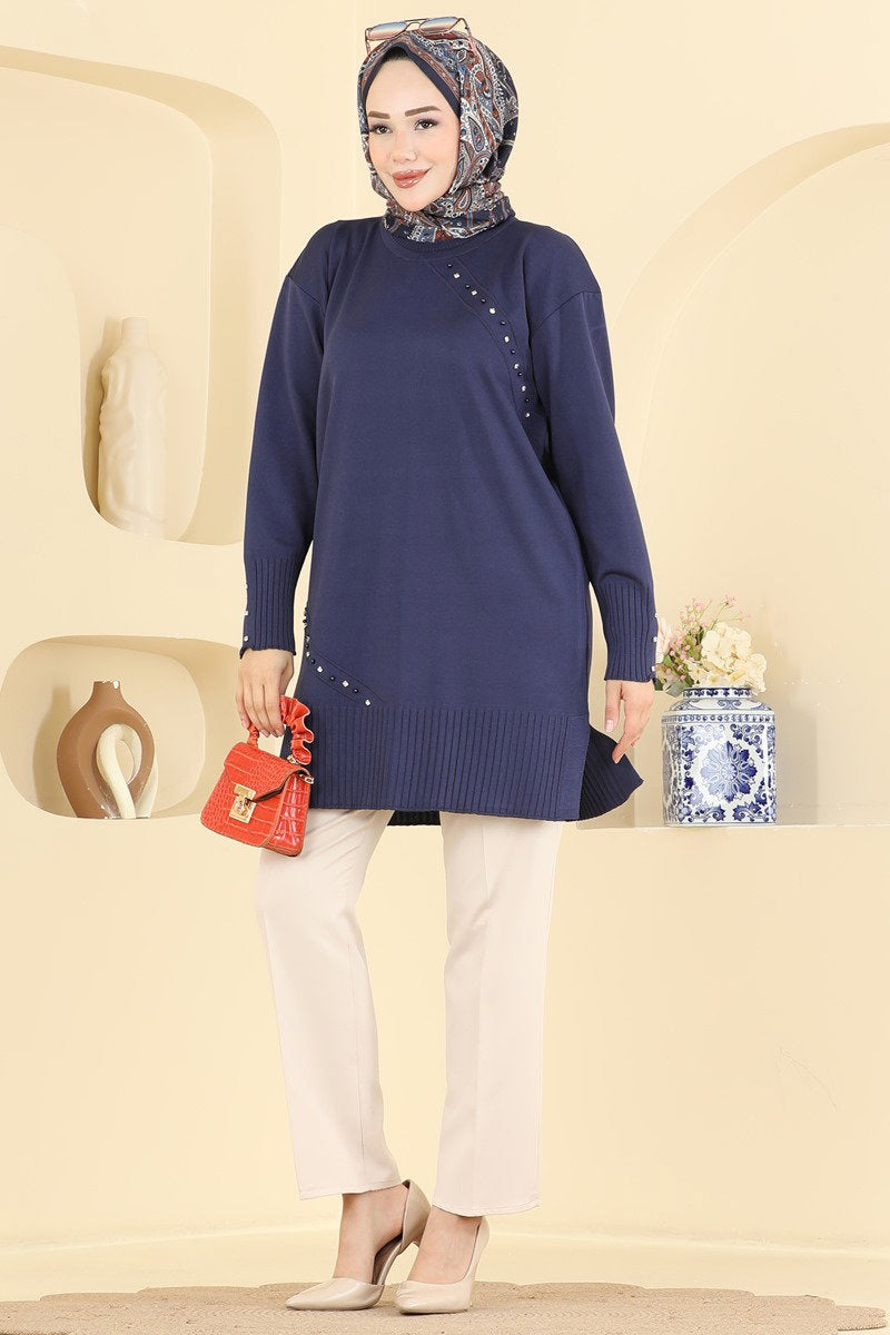 Elegant Mercerised Tunic with Stones - Navy