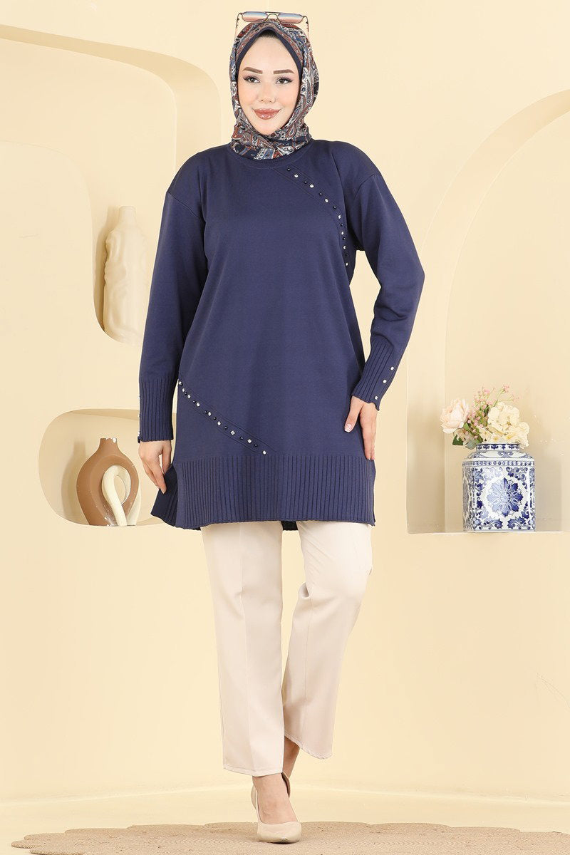 Elegant Mercerised Tunic with Stones - Navy