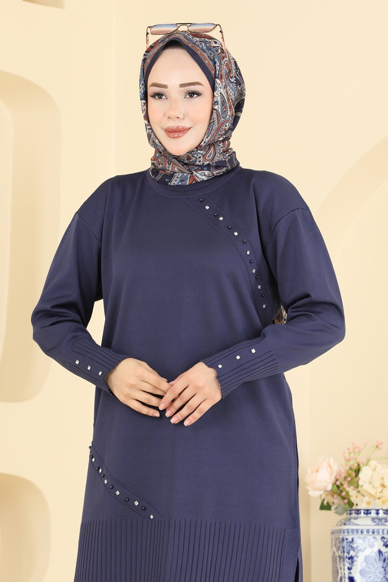Elegant Mercerised Tunic with Stones - Navy