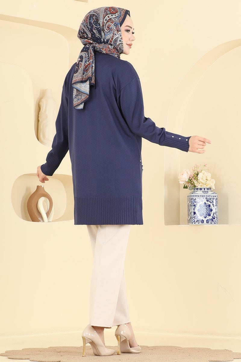 Elegant Mercerised Tunic with Stones - Navy