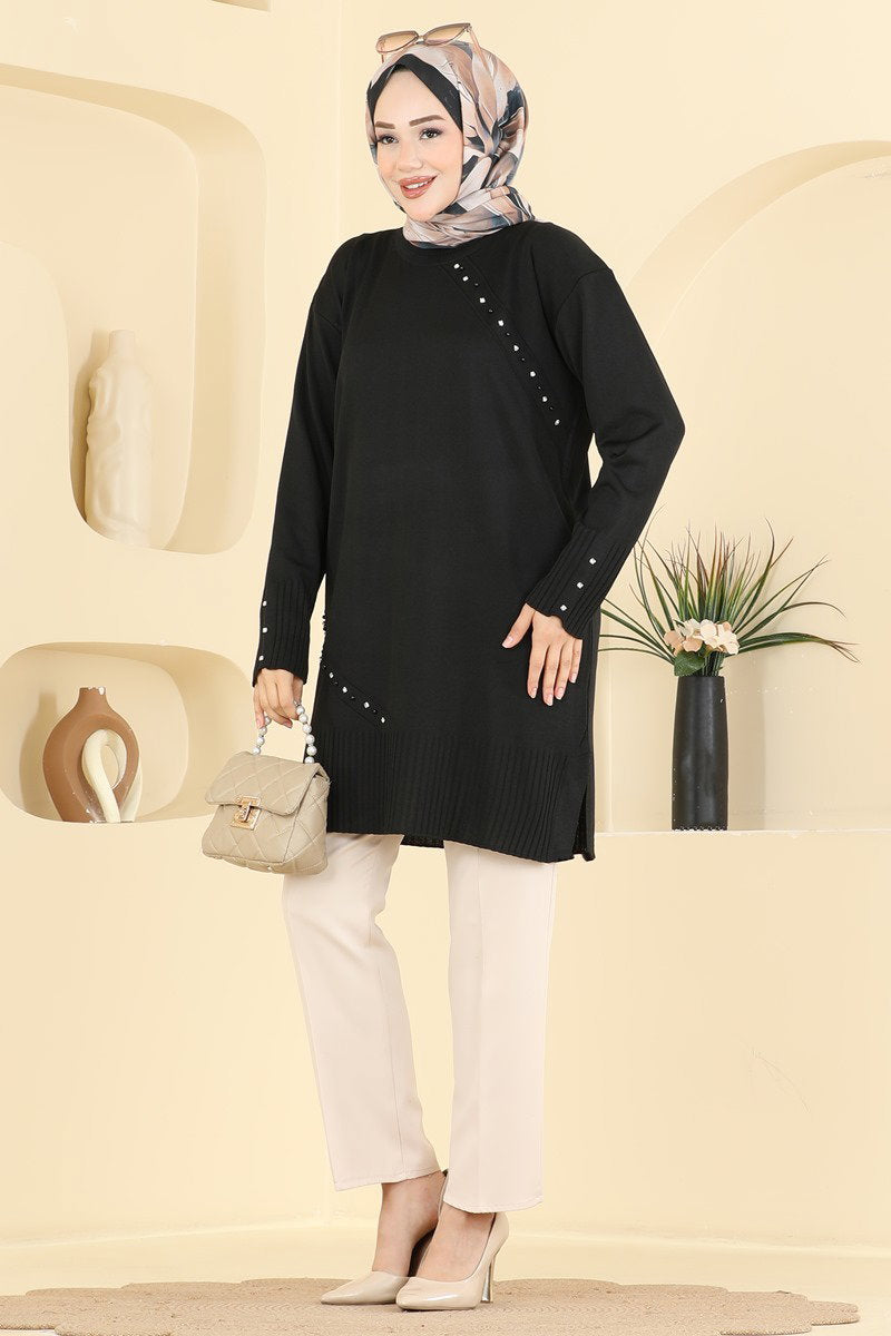 Elegant Mercerised Tunic with Stones - Black