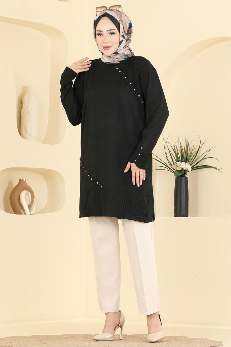 Elegant Mercerised Tunic with Stones - Black