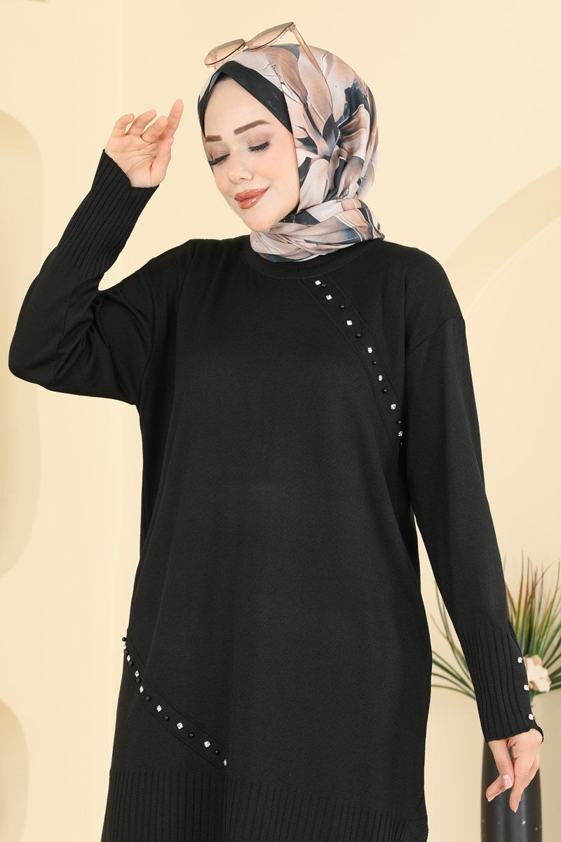 Elegant Mercerised Tunic with Stones - Black