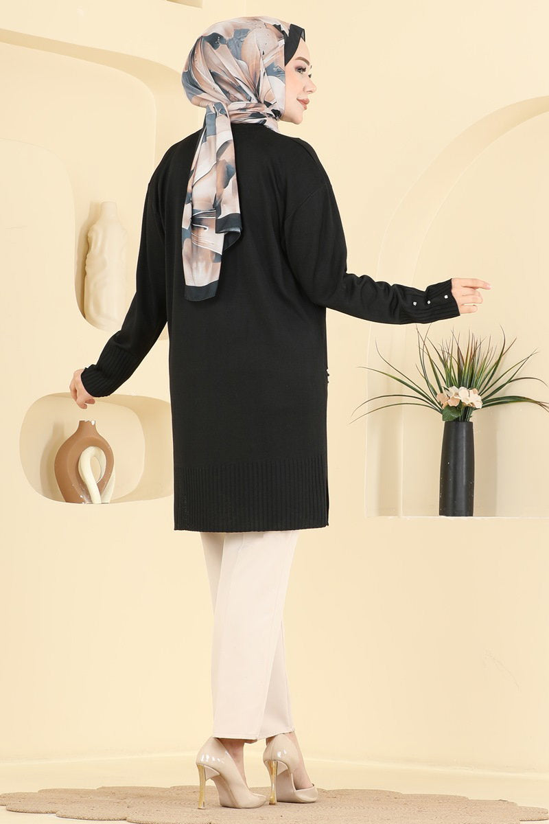 Elegant Mercerised Tunic with Stones - Black
