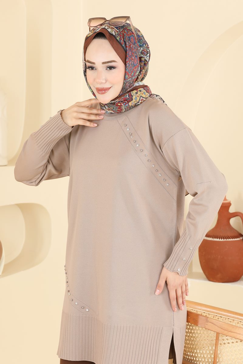 Elegant Mercerised Tunic with Stones - Mink