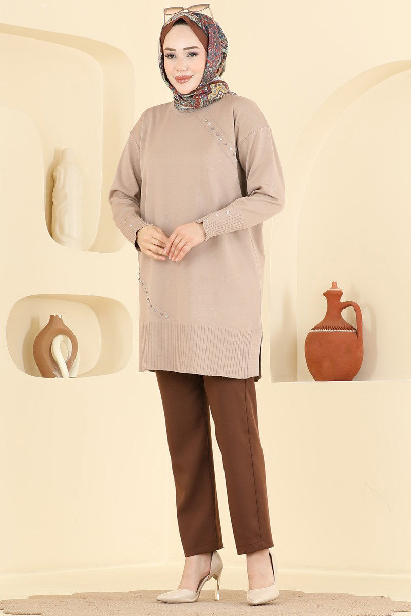 Elegant Mercerised Tunic with Stones - Mink