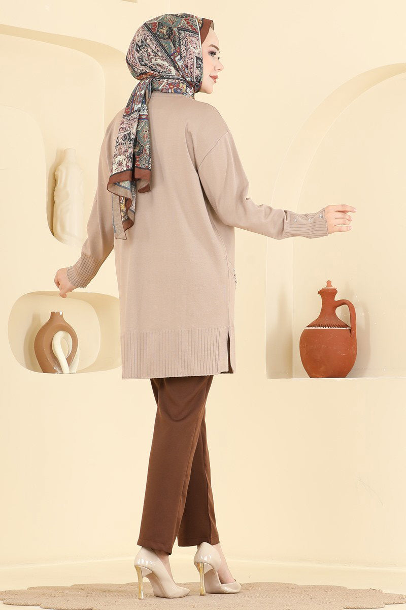 Elegant Mercerised Tunic with Stones - Mink