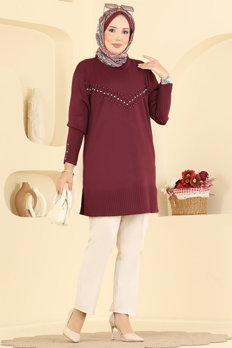 Elegant Stone-Detail Mercerised Tunic - Burgundy