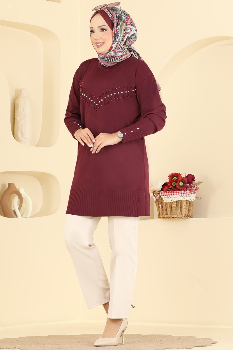Elegant Stone-Detail Mercerised Tunic - Burgundy