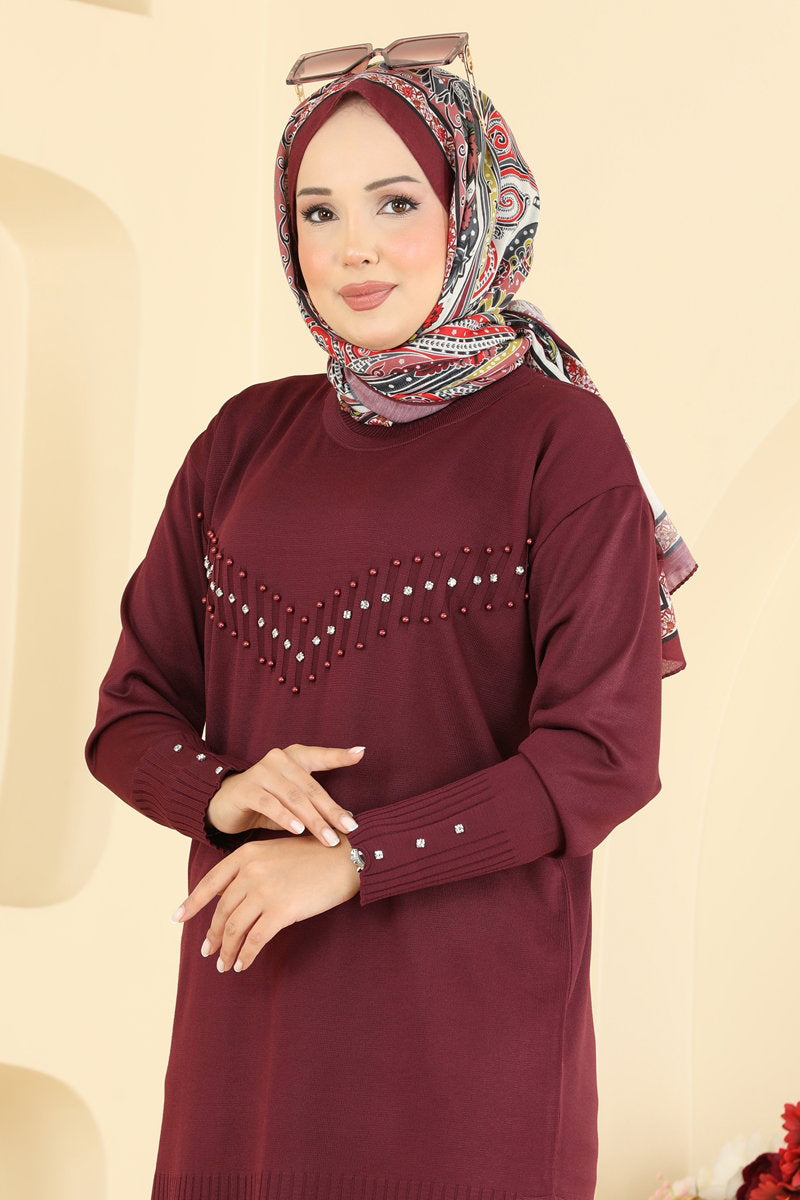 Elegant Stone-Detail Mercerised Tunic - Burgundy