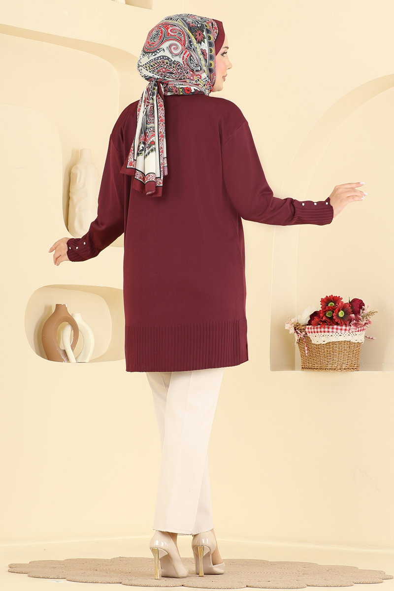 Elegant Stone-Detail Mercerised Tunic - Burgundy