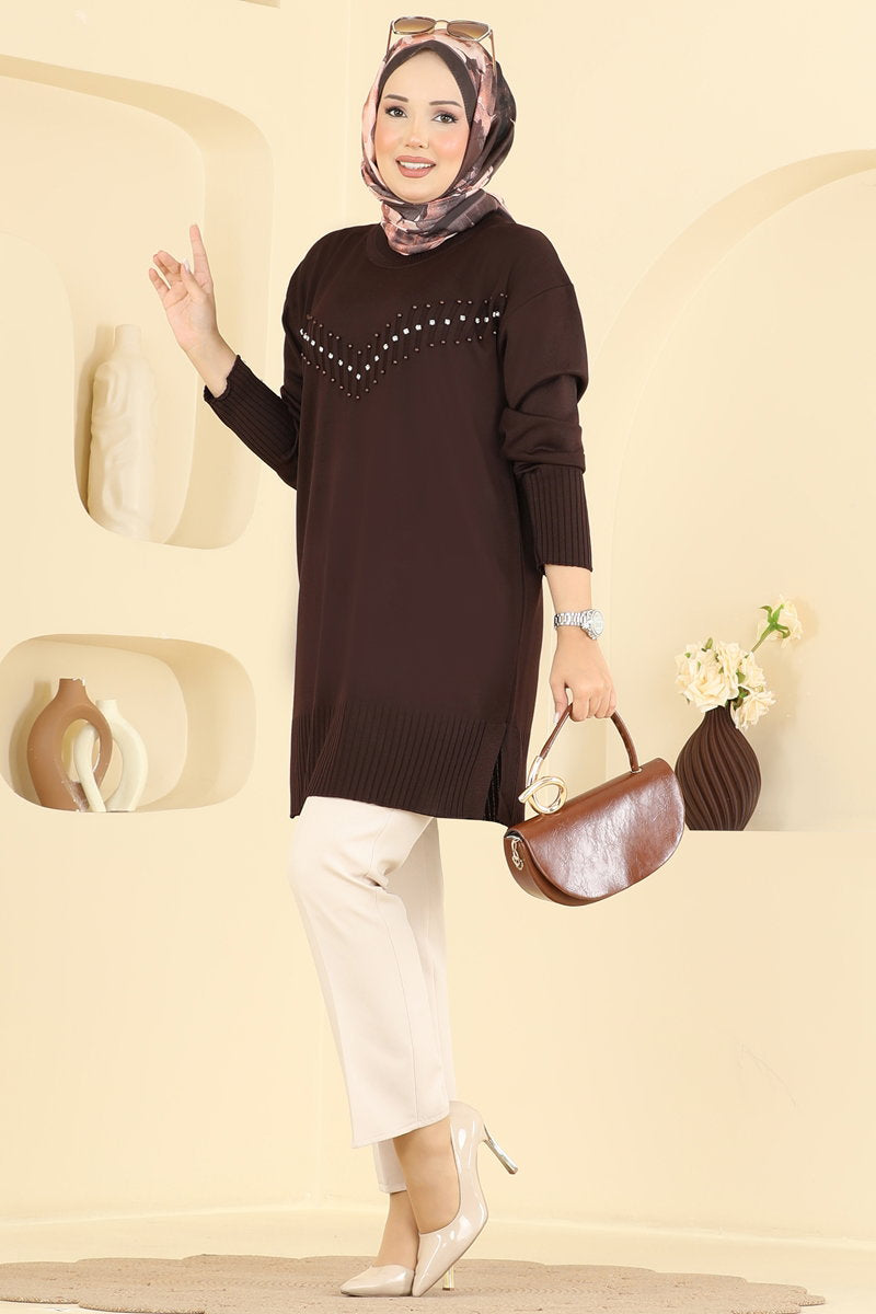Elegant Stone-Detail Mercerised Tunic - Brown