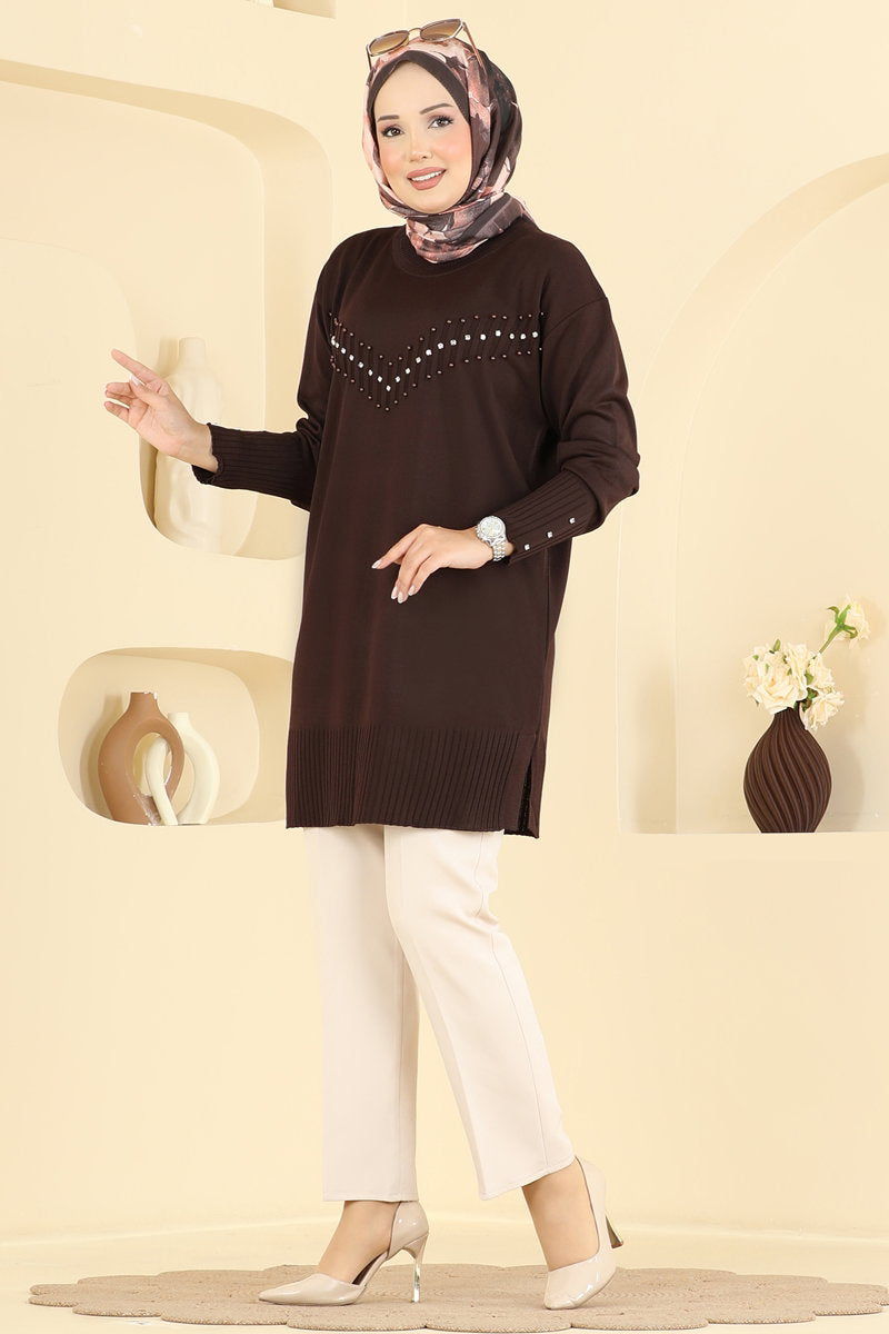 Elegant Stone-Detail Mercerised Tunic - Brown