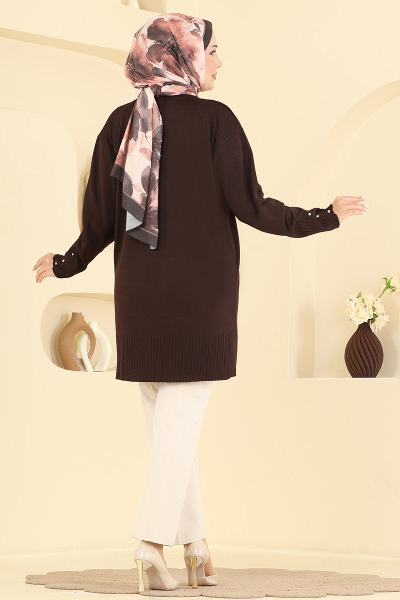 Elegant Stone-Detail Mercerised Tunic - Brown