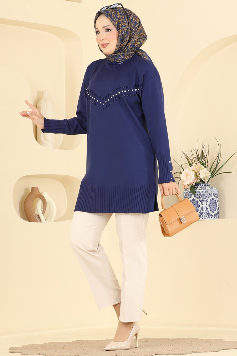 Elegant Stone-Detail Mercerised Tunic - Navy