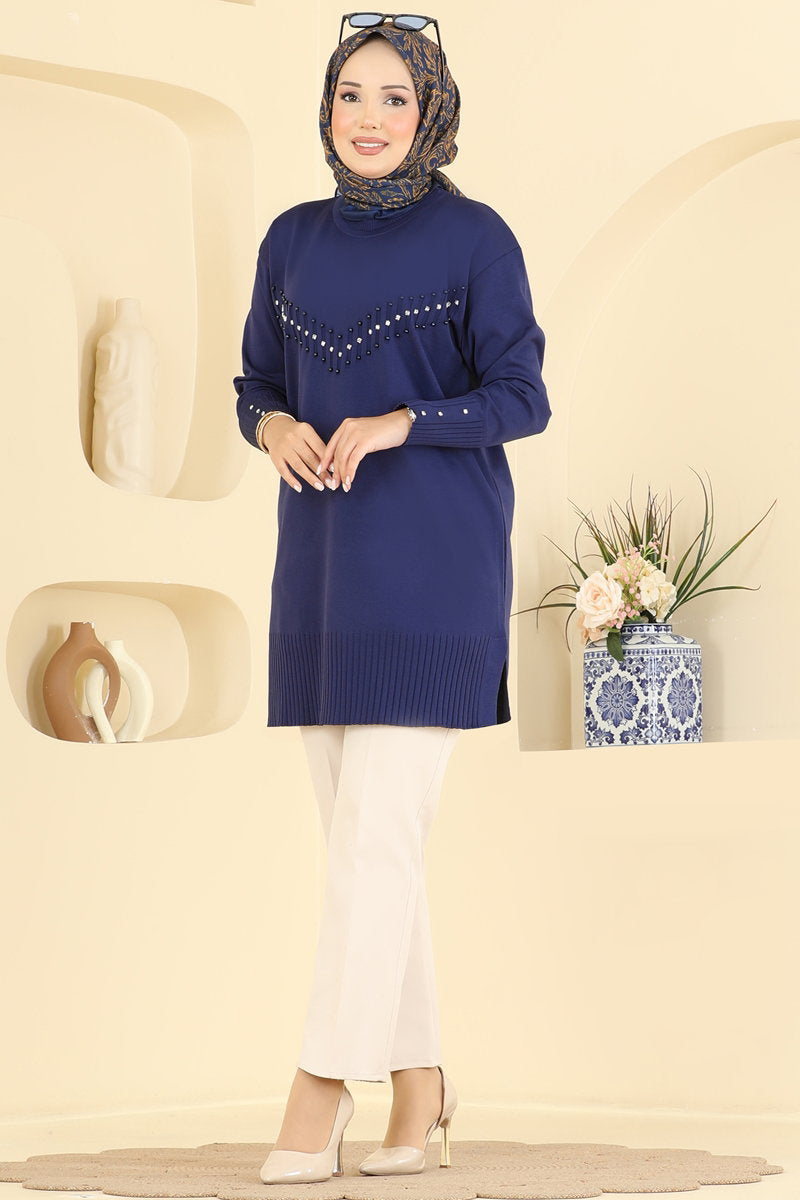 Elegant Stone-Detail Mercerised Tunic - Navy