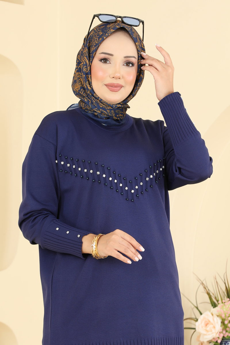 Elegant Stone-Detail Mercerised Tunic - Navy