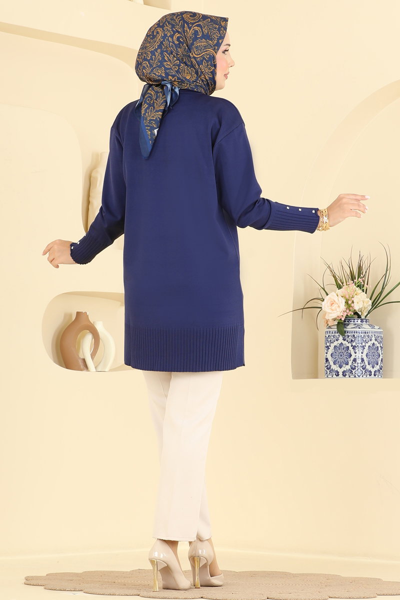 Elegant Stone-Detail Mercerised Tunic - Navy