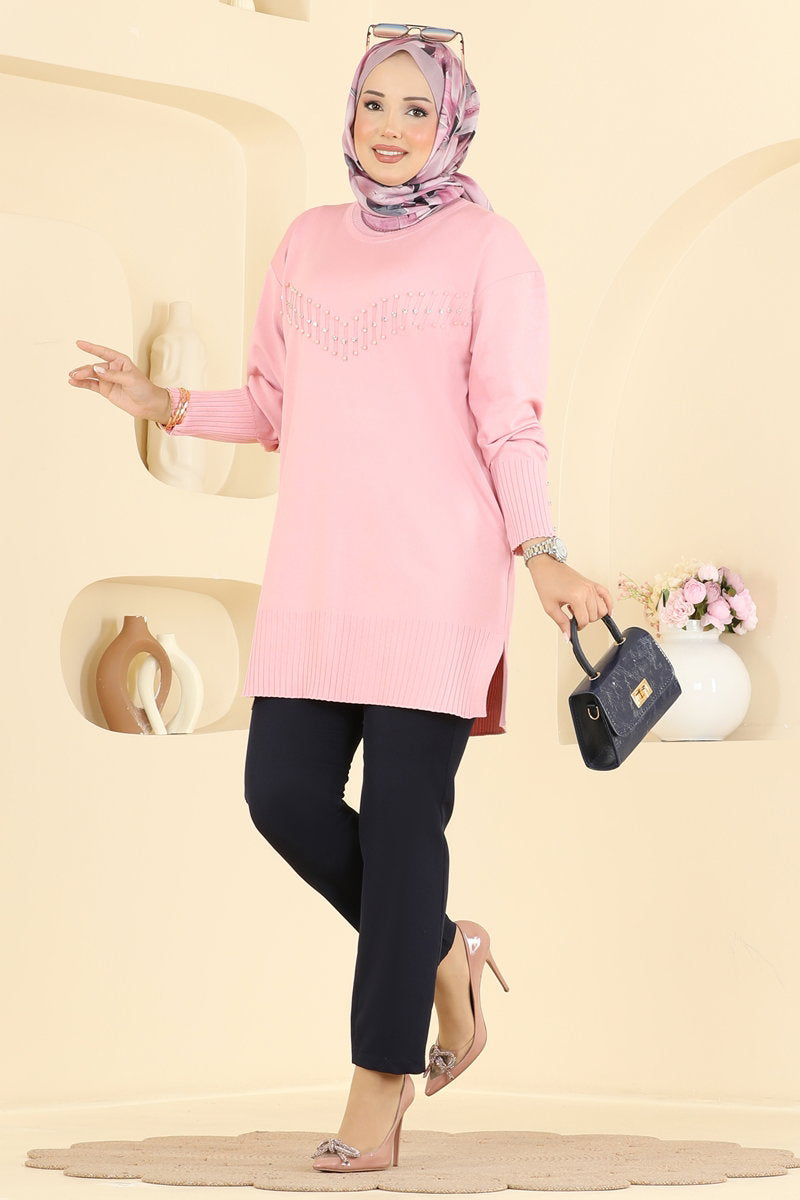Elegant Stone-Detail Mercerised Tunic - Powder