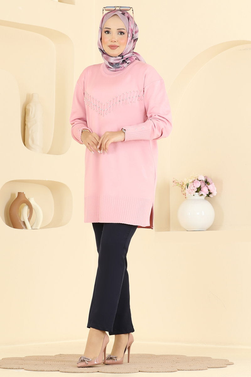 Elegant Stone-Detail Mercerised Tunic - Powder