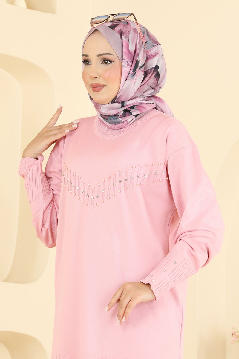 Elegant Stone-Detail Mercerised Tunic - Powder