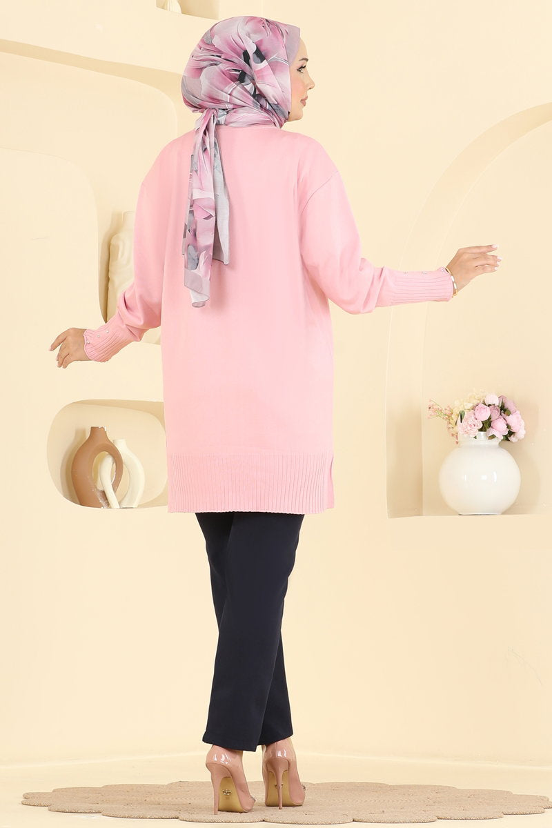 Elegant Stone-Detail Mercerised Tunic - Powder