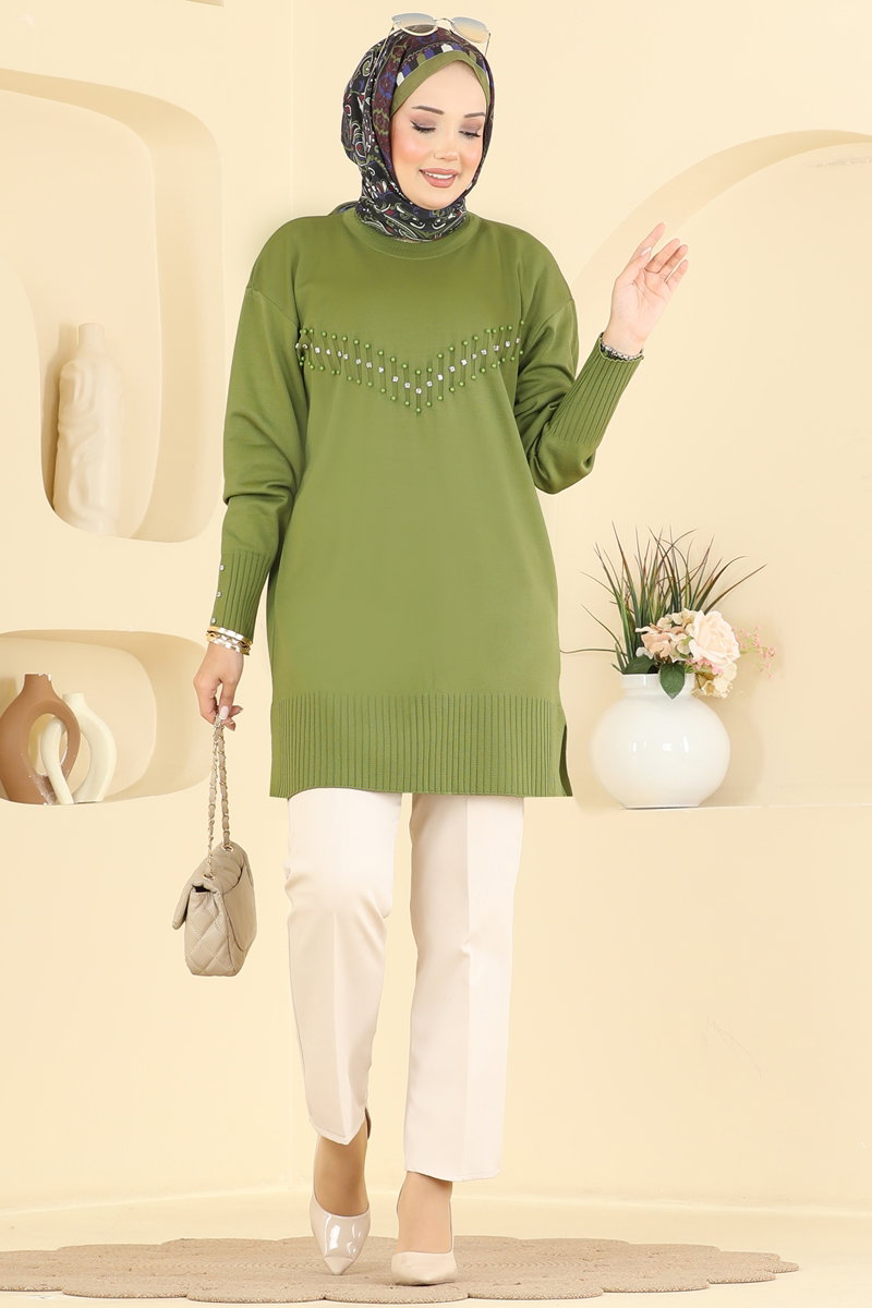 Elegant Stone-Detail Mercerised Tunic - Olive