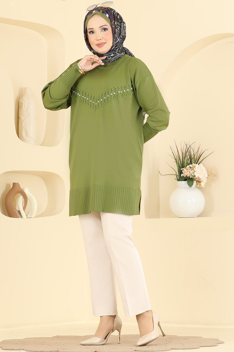 Elegant Stone-Detail Mercerised Tunic - Olive