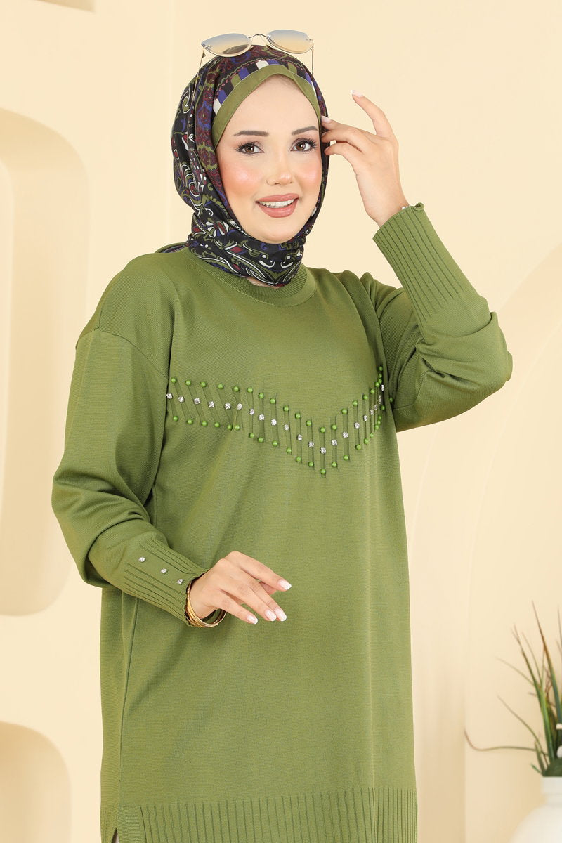Elegant Stone-Detail Mercerised Tunic - Olive