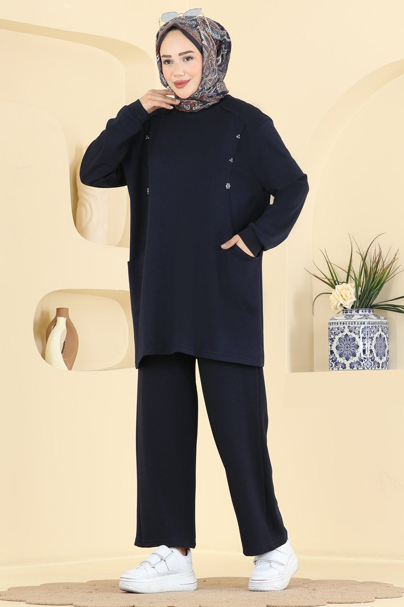 Stone-Detail Modal Two-Piece Set - Navy